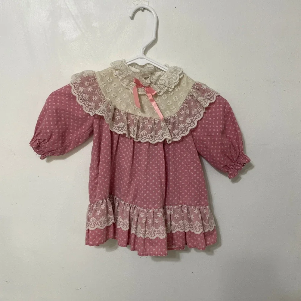 Vintage Pink Floral Lace Ruffle Dress Cottagecore Prairie Long Sleeve Kids 2T